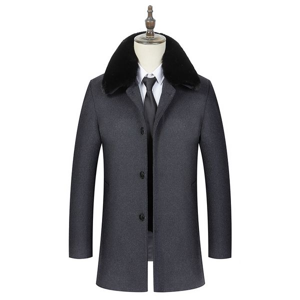 

winter wool jacket men's high-quality wool coat casual slim medium length coat men's fur collar trench, Black