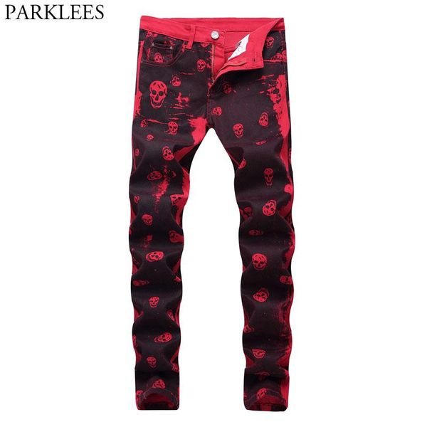 

ночной клуб карандаш джинсы мужчины красный череп печать punk стиль denim джинсы homme hiphop привет street узкие штаны spijkerbroek mannen, Blue