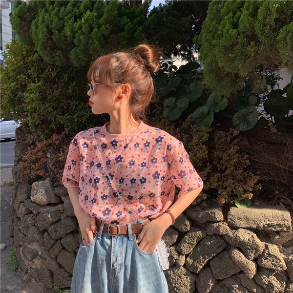 

summer syle elegan syle pink small flower flore shor sleeved t-shir flore shor pink small flower shor sleeve t sleeve t, White