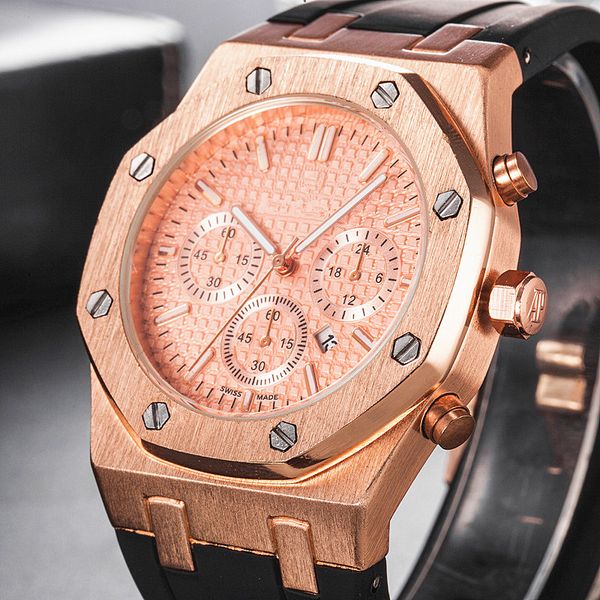 

sport men watch royal oak rubber strap dia 45mm men quart movement watch luxury brand watch, Slivery;brown