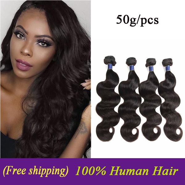 

3/4 связки бразильский индийский extensions body wave virgin человеческих волос raw индийский реми волос соткать связки body wave 50г / шт, Black