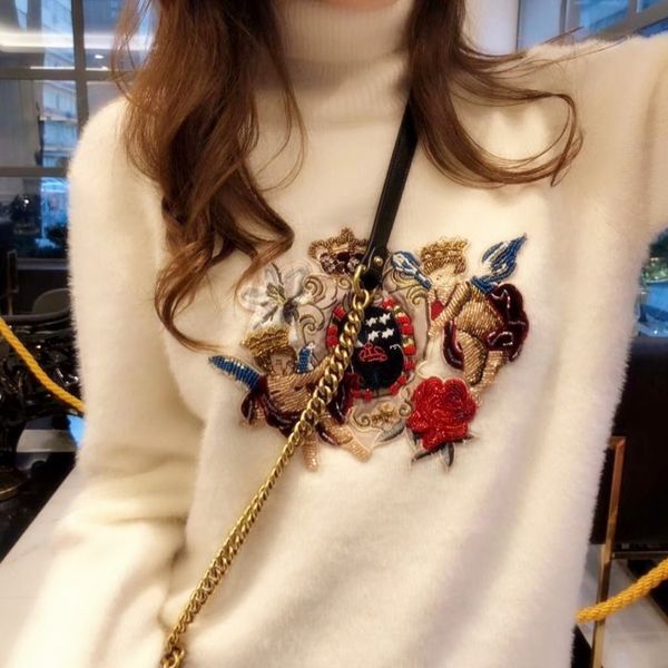 

designer women lamb wool soft sweaters 2019 autumn winter high neck brand same style embroidery white fluffy pullover jumpers knits outwear, White;black