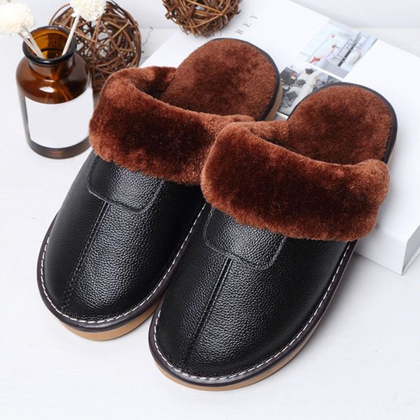 

leather cotton slippers men 2020 winter home indoor couple waterproof non-slip thick bottom plush warm leather slippers women, Black