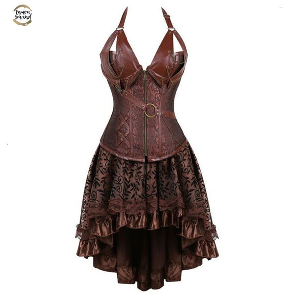 

bustier steampunk corset dress plus size black brown zipper black faux leather corset with skirt gothic punk burlesque pirate, Black;white