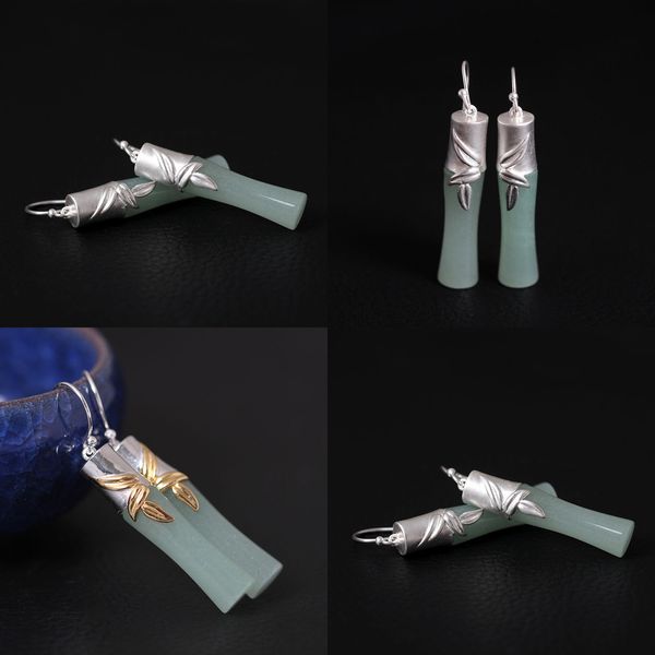 

925 originality design s silver long ear hook bamboo jade earrings literature nation wind earring woman accessories, Golden