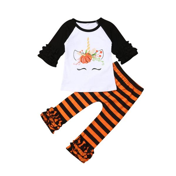 

halloween infant kids baby girls clothes sets 1-6y ruffles long sleeve cartoon t-shirts +striped pants, White