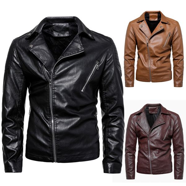 

men vintage cool jacket leather long sleeve autumn winter stand collar club coat for riding 2019, Black;red