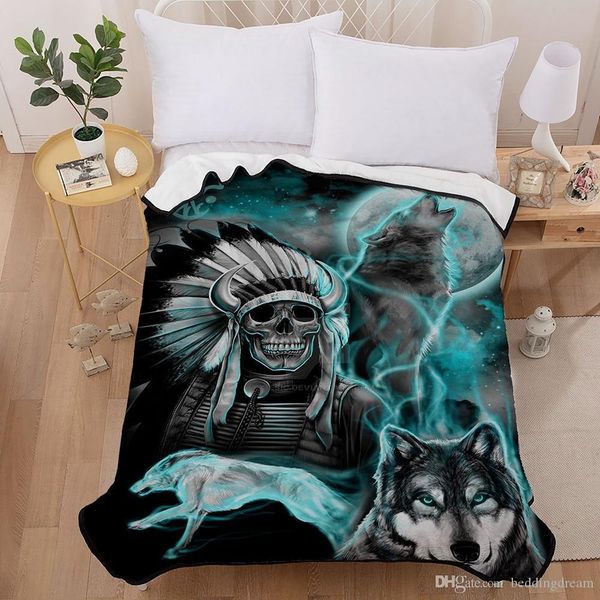 

throw blanket wolf printed tribal style skeleton chief scary mysterious flannel bedspread 3d soft home textile