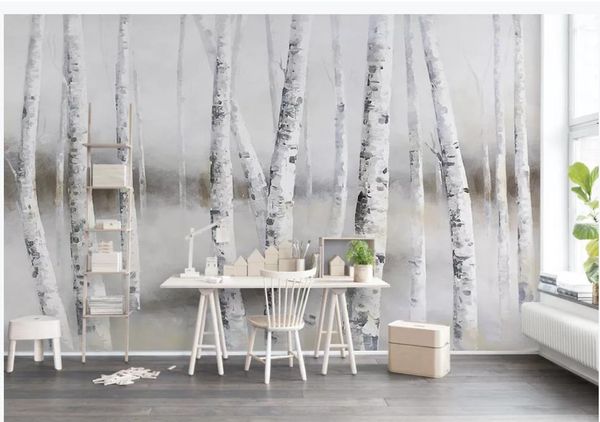 

birch grove oil painting style simple tv background wall modern living room wallpapers