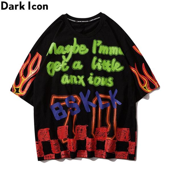 

dark icon flame printed hiphop t-shirt men 2020 summer round neck graffiti men's tshirt street fashion tee shirts, White;black
