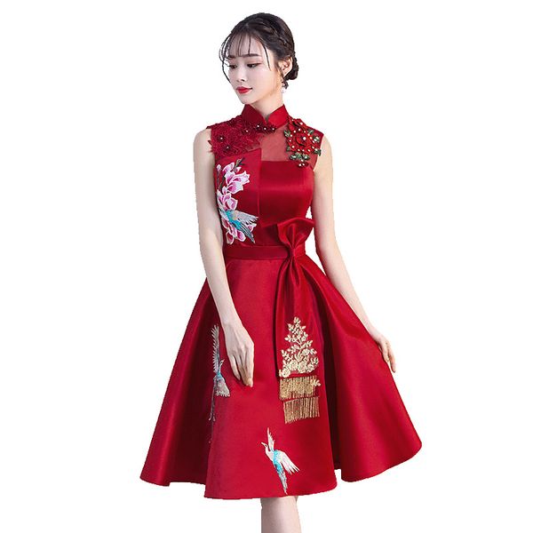 

burgundy embroidery elegant chinese female cheongsam dress vestidos chinos oriental wedding gowns party dresses size xs-xxl, Red