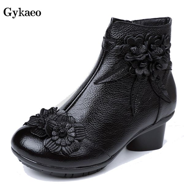 

gykaeo original folk style women's boots female plus size genuine leather ankle boots warm winter shoes soft zapatos de mujer 42, Black