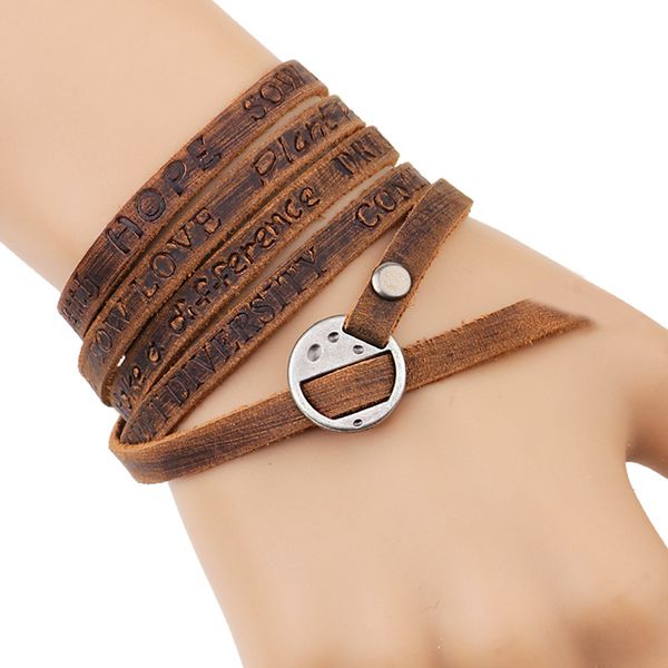 Graviertes echtes Leder-Wickelarmband, mehrschichtig, Statement-Armband für Herren und Damen, Vintage, schlichter Armreif, Be Dream Love Peace Wish, Manschettenschmuck, Taillengürtel