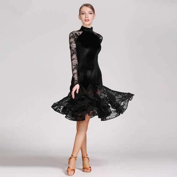 

wholesale women girls lace long sleeve velvet latin dress dance, Black;red