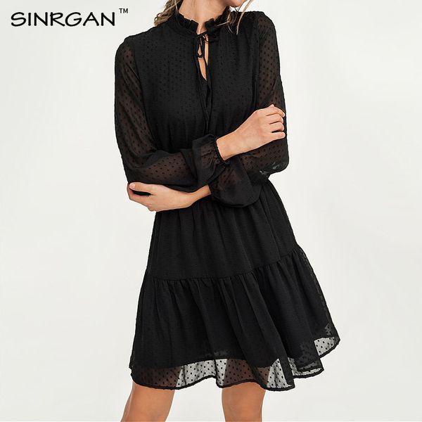 

sinrgan black lace up hollow out mini dress women vestidos long sleeve elastic waist party christmas dress winter clothing, Black;gray