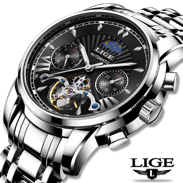 

lige 2019 business watch men automatic luminous clock men waterproof mechanical watch brand relogio masculino+box, Slivery;brown