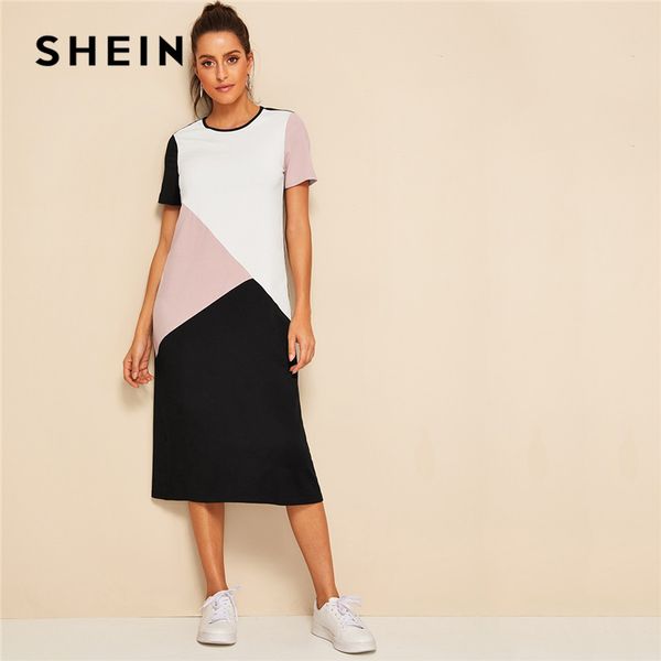 

shein casual multicolor cut-and-sew tunic summer long dress women 2019 o-neck short sleeve shift straight color-block dresses, Black;gray