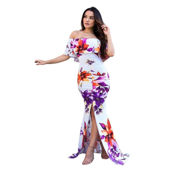 

summer dress slash neck women print off the shoulder ruffles batwing sleeve dress high waist long fishtail dress vestidos, Black;pink