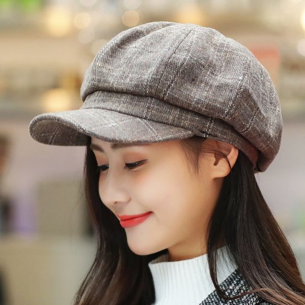 

ymsaid autumn and winter female berets retro anise cap men and women couple tide casual beret plaid pumpkin hat ing, Blue;gray