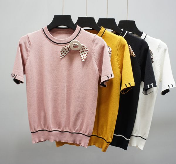

o-neck polka dot bow patchwork knitted sweater women short sleeve thin pullover basic korean modis 2020 summer new arrival, White;black
