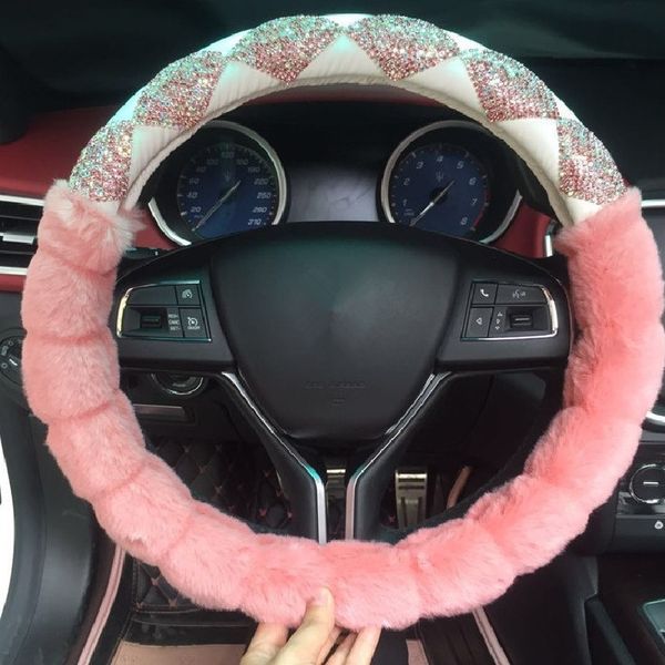 

38cm winter plush car steering wheel cover warm pink furry steering cover case with rhinestones crystals for women lady