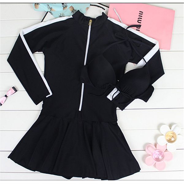 

2019 new ladies one piece skirt swimsuit underwire spring long sleeve swimwear swimming bathing suit beach wear dress women, White;black