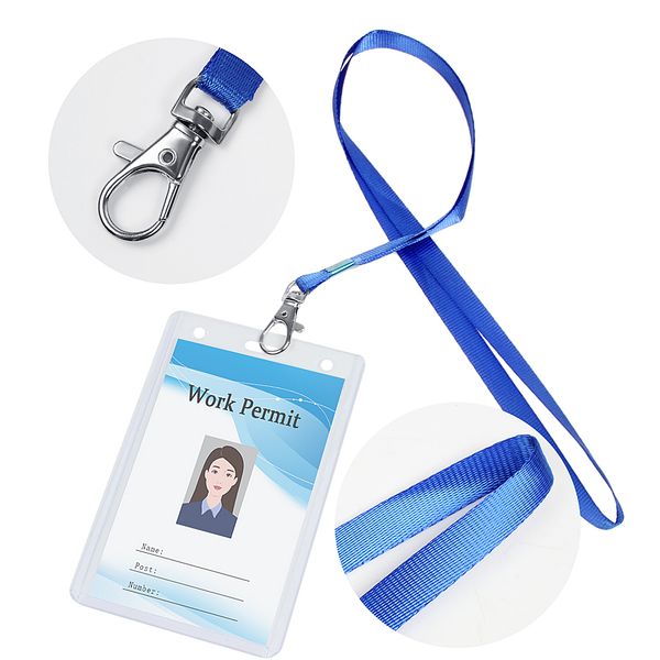 Titular do cartão de identificação com azul de metal clipe Neck Lanyard transparente porta-crachá cartão para o escritório Exposição membros do pessoal Grupo 6 Define