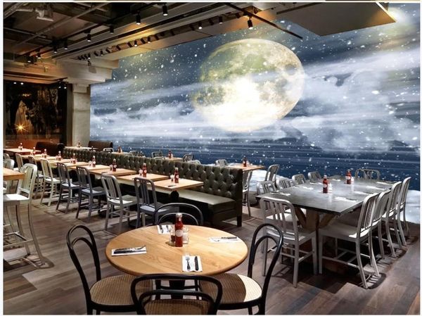 Murais 3D papel de parede para sala de estar linda romântico floco de neve nuvens lua neve montanha cenário restaurante fundo parede