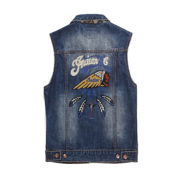 

мода harajuku рок винтаж синий джинсовый жилет куртка мужчины панк sudadera отверстие уличная одежда индейцы вышивка повседневная, Black;white