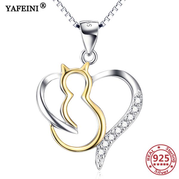 

yafeini 925 sterling silver necklace heart cat crystal zircon women necklace pendant animal 925 silver chain mom's gift