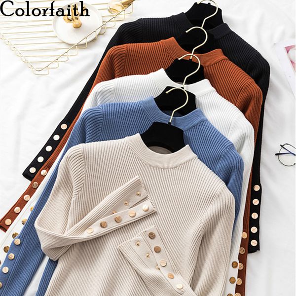 

colorfaith new 2019 autumn winter women's sweaters o-neck bottoming button knitting fashionable korean style solid sw063, White;black