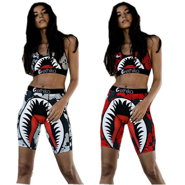 

summer women swimwear sleeveless vest tanks + shorts 2 piece set shark camo print swimsuit outfits sports shorts pants tracksuit bikini suit, Blue