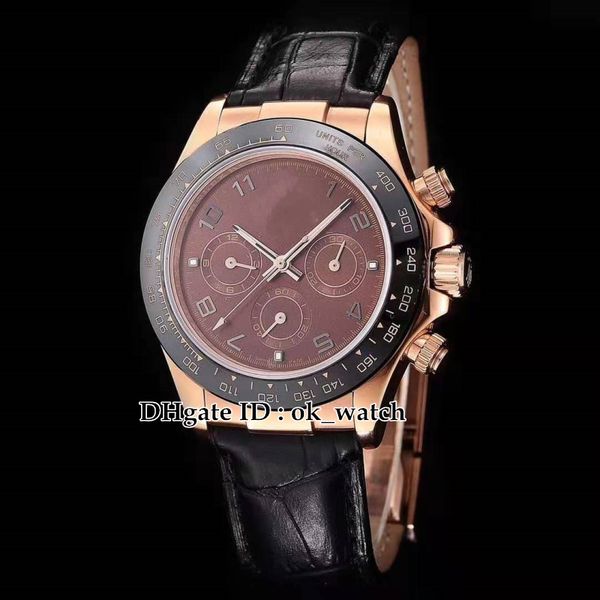 

новый коричневый циферблат 116515 автоматические мужские часы розовое золото корпус черный кожаный ремешок высокое качество сапфировое стекл, Slivery;brown
