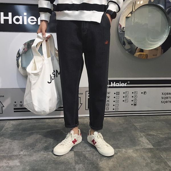 

2019 body, trousers, men's korean version of the trend, pure color jeans, nine-piece trousers, winter men's trousers, Blue
