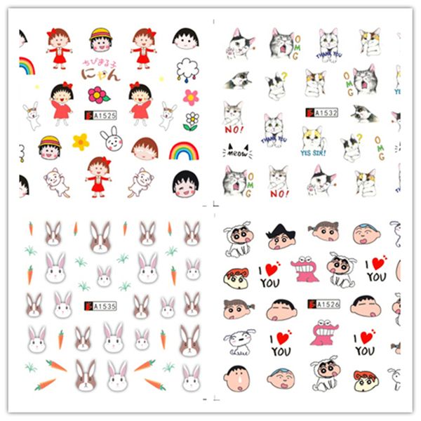 

12pcs/set watercolor cartoon characters cute animals nail sticker tower long-lasting transfer water design manicure tips, Black