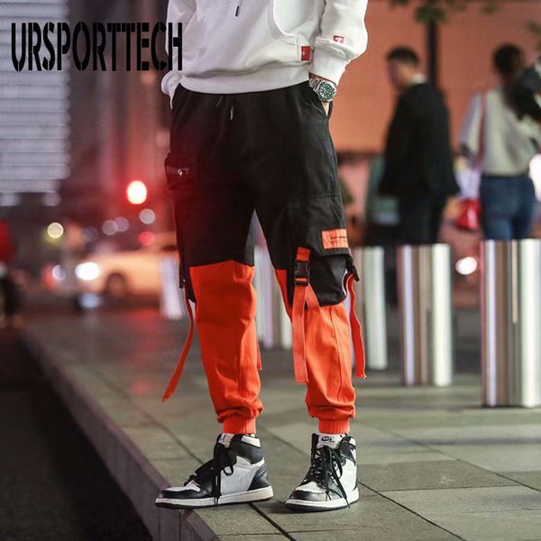 

men's pants ursporttech 2021 spring hip hop joggers men harem multi-pocket ribbons man sweatpants streetwear casual mens m-xxl, Black