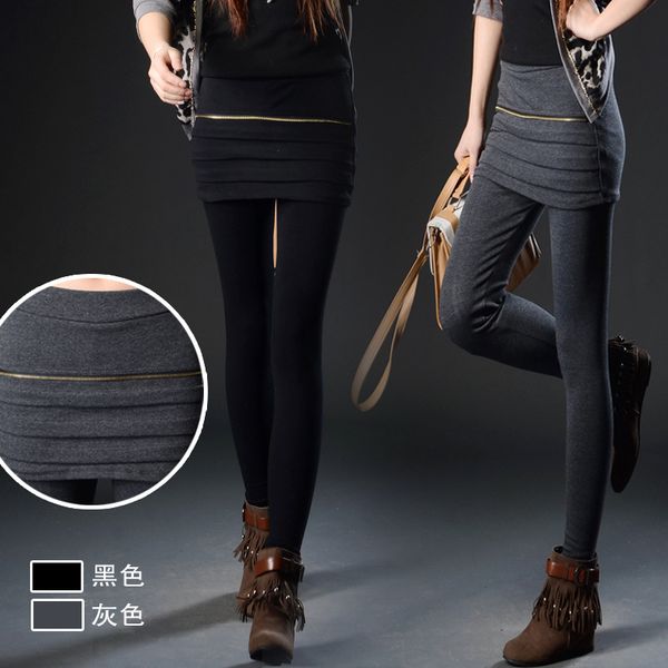 

visnxgi 2020 wholesale grey black slim fit stretch zipper leggings with mini skirts fashion women's false two-piece legging, Black;white