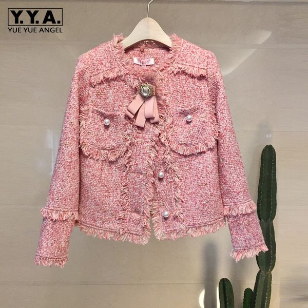 

new autumn women brand tweed jacket tassels slim fit elegant ladies short coat bow tie pearls office work twill outwear jacket, Black;brown