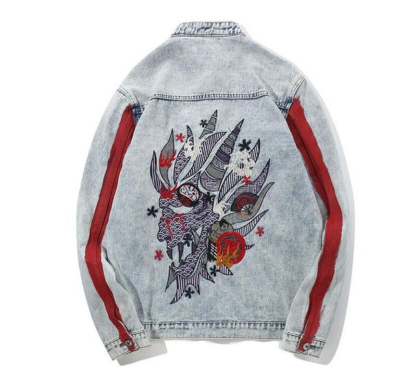 

harajuku embroidery dragon jacket jeans streetwear hip hop men vintage washed denim jacket red striped denim jackets, Black;brown