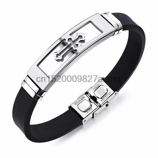

100pcs fate love silicone stainless steel cross bracelet bangle for men silver gold black wristband masculine cool jewelry, Golden;silver