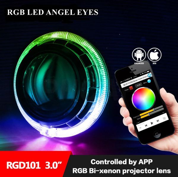 

hid bi-xenon lens kit bluetooth app control rgb led angel eyes color-changing with h1 projector lens car headlight fit for h4