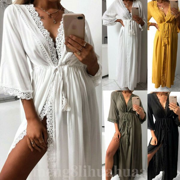 

2019 женщины кимоно пляж кардиган бикини cover up wrap пляжных длинных платьев макси, Blue