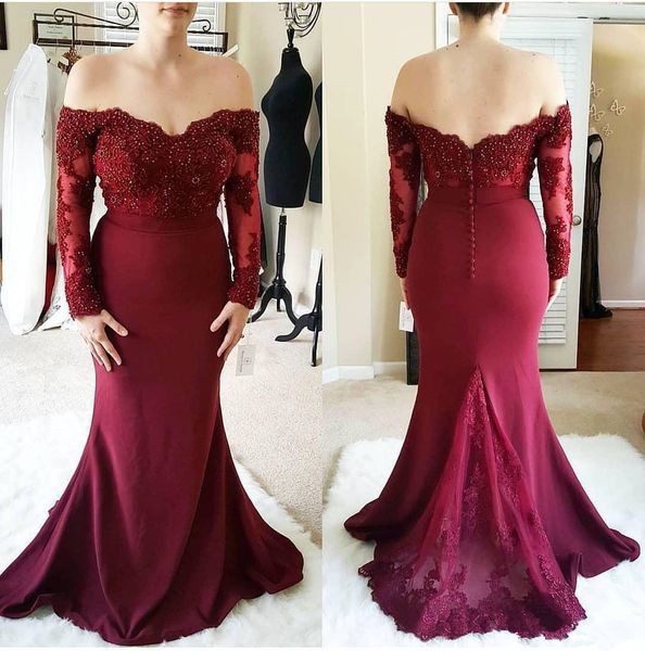 

burgundy evening dresses long sleeve off shoulder beaded lace long mermaid 2019 new prom party gowns custom plus size, Black;red