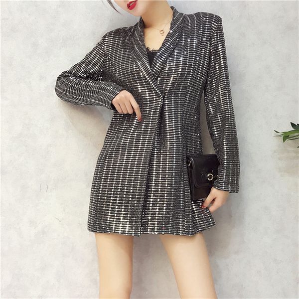 

2018 new fashion designer blazer women long sleeve bling sequined long blazer overcoat, White;black