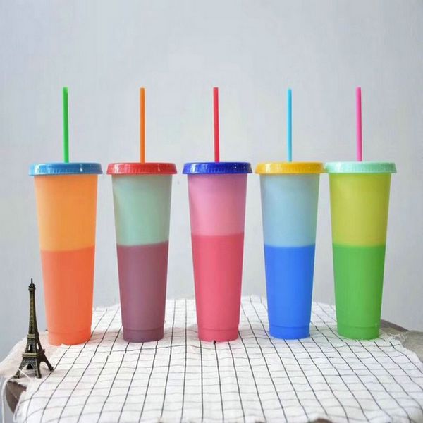 

магия цветов конфеты многоразовый холодные напитки горячие 24oz изменение цвета чашки пластиковые отношение массажеры с крышкой и соломы куб
