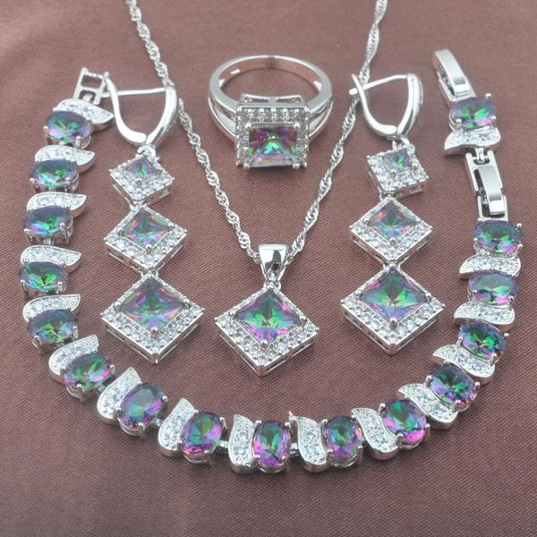 

squzre design jewelry sets for women multicolor rainbow zirconia bracelet ring earrings and necklace set yz0580, Silver