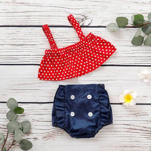 

baby girl clothes newborn polka dot printed off shoulder straps +denim shorts outfits set kids clothes, White