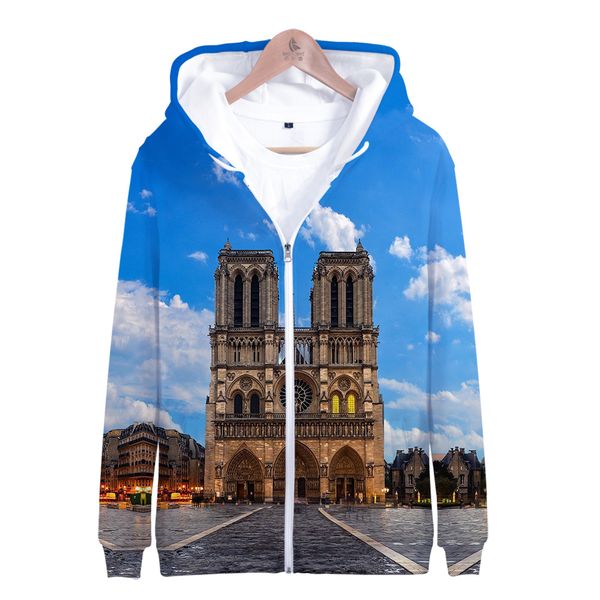 

3d notre torte dame de paris fashion men zipper hoodies sweatshirt winter jacket popular pullover cotton long sleeve outerwear, Black