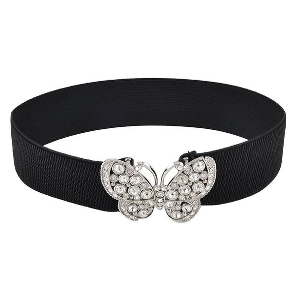 

women rhinestones accent butterfly hook buckle black elastic cinch waist belt, Black;brown