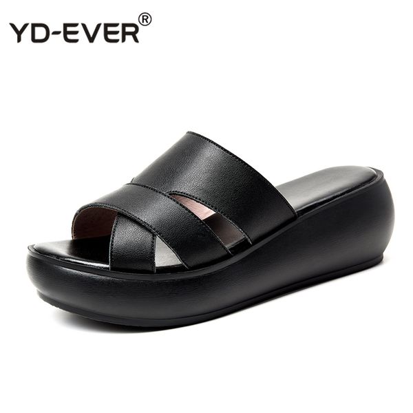 

women slipper's 2020 ladies summer slippers genuine leather shoes women wedges heels fashion summer shoes, Black